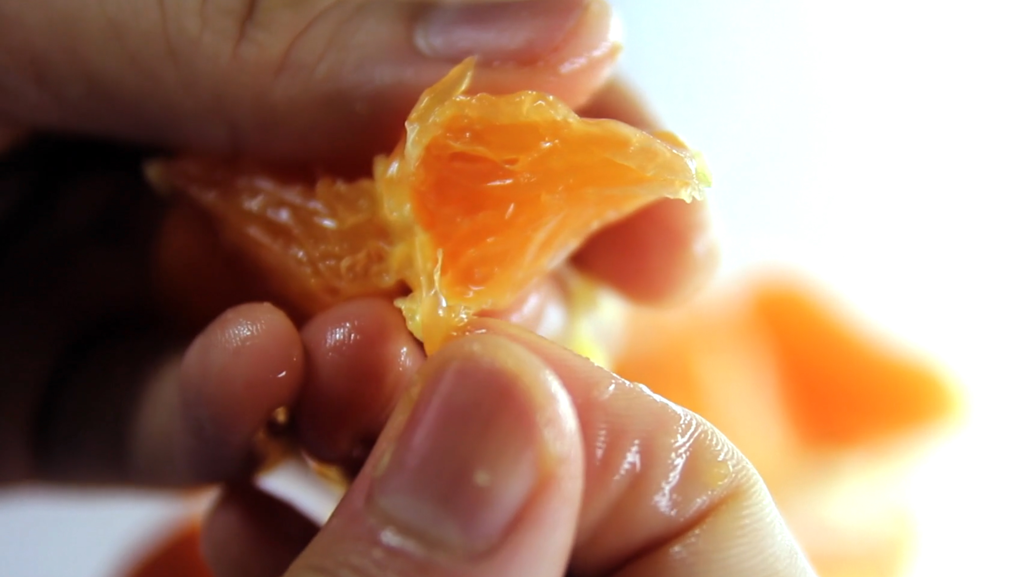 A hand separating the sacs of a peeled orange.